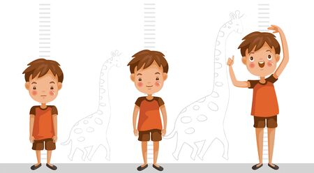 Hoogte van het kind opgroeien. kleine jongen zijn lengte meten op witte kleur achtergrond. een jongen in drie niveaus. kort, gemiddeld, hoog, hoogte. verschil kind groei concepten. Stockfoto