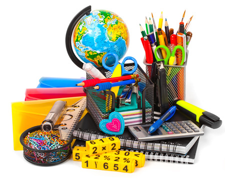 Back to school blackboard with pencilbox and school equipment on table - 40307043