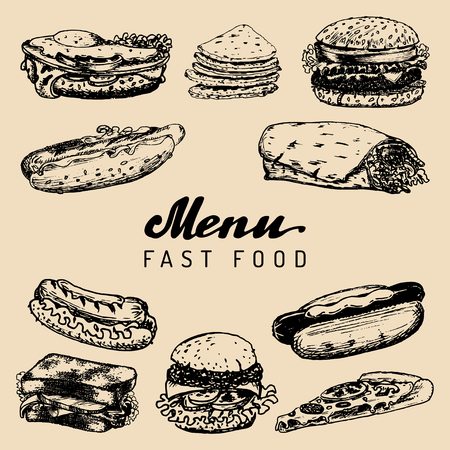 ベクトルのファーストフードのメニュー ハンバーガー ホットドッグ サンドイッチのイラストです スナックバー 街のレストラン カフェのアイコン の イラスト素材 ベクタ Image ベクトルのファーストフードのメニュー ハンバーガー ホットドッグ サンドイッチのイラストです スナックバー 街のレストラン カフェのアイコン の イラスト素材 ベクタ Image
