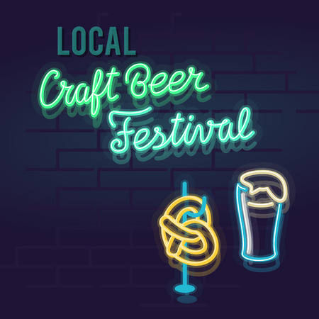 ネオン地元のクラフトビールフェスティバル 夜は光る手書きの看板を照らした レンガの壁の背景に孤立したイラスト のイラスト素材 ベクタ Image