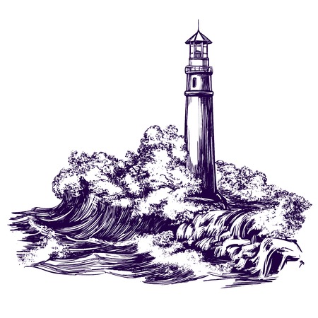 灯台と海の風景手描きベクトルイラストスケッチのイラスト素材 ベクタ Image
