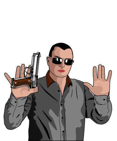man holding gun, sunglasses, hands up clip art preview