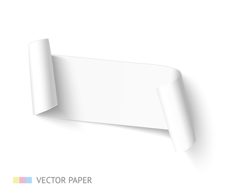 White blank paper ribbon curved banner with paper roll isolated on white background realistic vector paper template for promo and sale