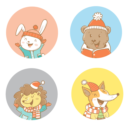 白い背景に隔離された冬の服のかわいい森林動物のセット のイラスト素材 ベクタ Image