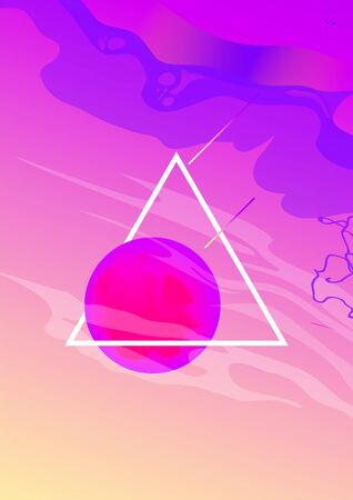Poster with fluid holographic neon round and white triangle in retrowave, vaporwave nostalgic style.