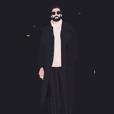 あごひげと眼鏡をかけた長いマントのモダンなファッショナブルな男は 黒い背景に行きます ファッションベクトルイラスト のイラスト素材 ベクタ Image
