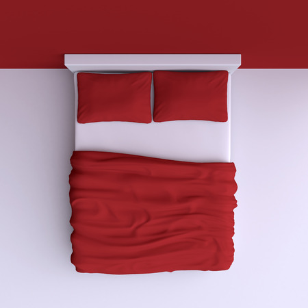 Bed with pillows and a blanket in the corner room, 3d illustration. Top view. - 36455203