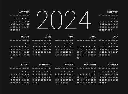 A simple classic calendar for 2024 with white letters on a black background the week starts from sunday planner stationery office printing vector illustration Фото со стока