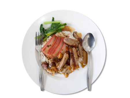 タイ語 中国語のロースト鴨肉と Barbuced とプラスチックの白い皿熱傷様菜野菜米赤豚とカリカリ ポークのジャスミンのソース 分離 の写真素材 画像素材 Image 6495
