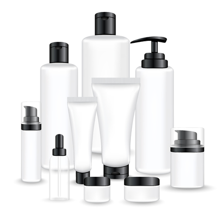 顔と体の化粧品のための茶色のパッケージを設定します ローション 血清 油 チューブ シャンプー クリームボトルベクターイラストのイラスト素材 ベクタ Image