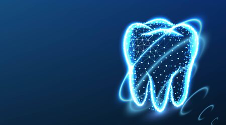 Ząb, zęby, powłoka zabezpieczająca. opieka dentystyczna. ochrona dentystyczna, abstrakcyjna konstrukcja siatki drucianej o niskiej poli. od połączenia kropki i linii. ilustracja wektorowa na ciemnoniebieskim tle