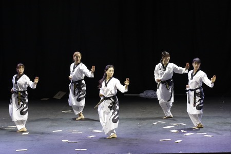 世界テコンドー本部 ソウル 南朝鮮の国技院に国際テコンドーのデモンストレーション チーム メンバーを実行します の写真素材 画像素材 Image