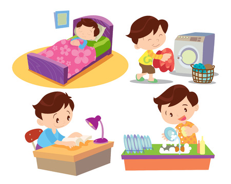 Vector of cute boy cartoon work home and sleep many action.
