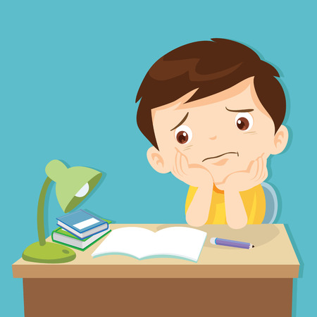 Kid boring about someting.back to school.cute boy bored homework. Stock Photo