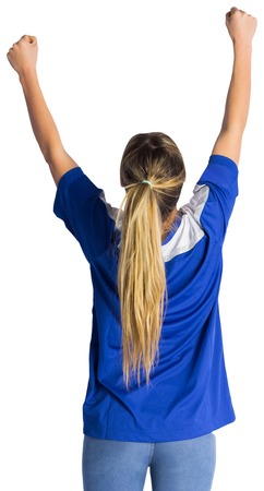 白い背景の青いジャージのフットボールのファンの応援 の写真素材 画像素材 Image