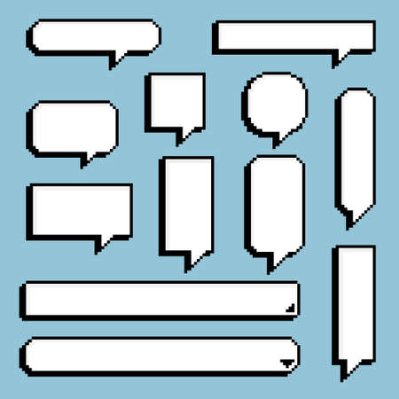 Collection set of retro game 8 bit line pixel speech bubble balloon black and white color with shadow, flat design vector illustration