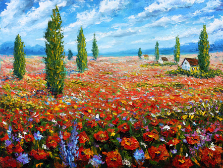 Flower painting Field of red poppies. ORIGINAL oil painting of flowers, beautiful field flowers on canvas.Field red flowers. Modern Impressionism.Impasto artwork. Rural landscape warm flowers art. Фото со стока