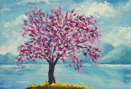 真作】絵画 油彩SM（板絵） 春の水辺 桜咲く静かな風景 花咲く