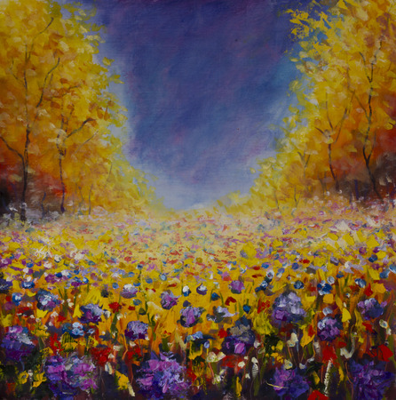 キャンバスに村の川で朝のオリジナル油絵 現代印象派アート アートワーク の写真素材 画像素材 Image