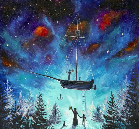 キャンバス上のアクリル上の海賊船ピーターパン水彩画の宇宙旅行。星空