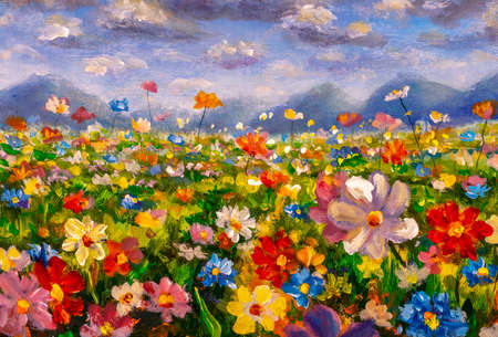 色とりどりの花の風景水彩画style.oil絵画カラフルな野花の写真