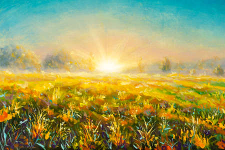 田園風景の垂直画。アクリル絵の具で花畑の油絵に沈む夕日の