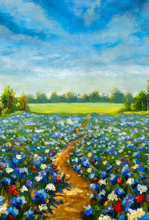 油絵 絵画 【天空の赤いお花畑】 ウクライナのケシ畑の絵画 オリジナルアート作品 野生の花