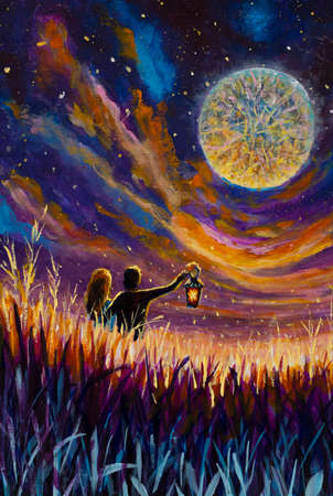 大きな月と日没で星空の夜に会うランタンの光による背の高い草の夜の