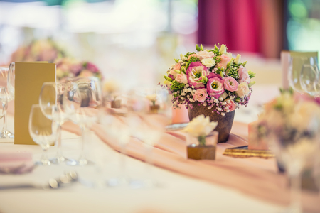 Wedding Table Setting. Beautiful Table Set With Flowers And Glass ... Wedding Table Setting. Beautiful Table Set With Flowers And Glass ...