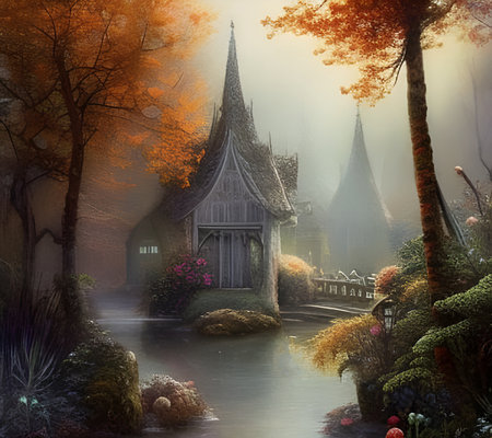 Fairytale house with a pointed roof in a lake. the house is reached by a bridge. the trees are in fall colors. generative ai.
