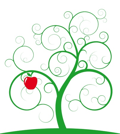 Illustration of green spiral tree with red apple