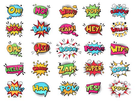 Comic speech bubble. cartoon comic book text clouds. comic pop art book pow, oops, wow, boom exclamation signs vector comics words set. creative retro balloons with funny slang phrases and expressions Фото со стока Comic speech bubble. cartoon comic book text clouds. comic pop art book pow, oops, wow, boom exclamation signs vector comics words set. creative retro balloons with funny slang phrases and expressions Фото со стока