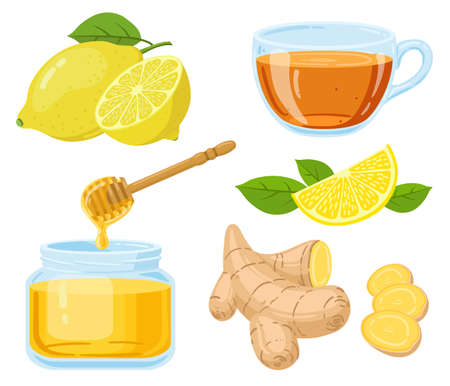 Naturalne środki na kaszel. miód, witamina c cytryna, gorąca herbata i posiekany korzeń imbiru kreskówka wektor zestaw ilustracji. środki medycyny naturalnej