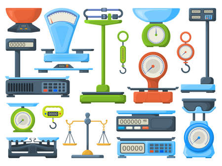 Mechanische en elektronische winkel voor het meten van weegschalen. keuken of winkel meetinstrument isometrische vector illustratie set. weegschalen symbolen