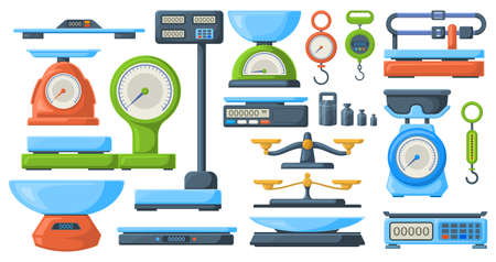 Bewaar elektronische en mechanische weegschalen voor gewichtsmeting. markt of keuken meten weegschaal instrument vector illustratie set. weegschalen symbolen