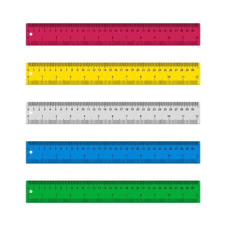 Heerser voor school. kunststof liniaal geïsoleerd op een witte achtergrond. schaal met centimeter, millimeter metrisch. meetliniaal met inch, cm, mm. houten, metalen grafische lengte. bandmeter voor geometrie. vector