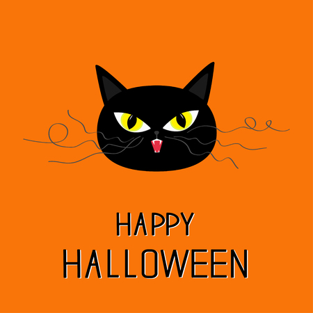 黒猫の頭 黄色い目は 牙 髭ヒゲをカールします 幸せなハロウィーンのグリーティング カード 面白い漫画のキャラクター 分離されました オレンジ色の背景 フラットなデザイン ベクトル図のイラスト素材 ベクタ Image