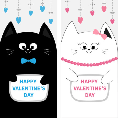 白を保持している猫家族カップルは心臓の形状の紙です チラシ ポスター セットです かわいい面白い漫画のキャラクター 破線をぶら下がっています 幸せなバレンタインデー グリーティング カード フラットなデザイン 灰色の背景 ベクトルのイラスト素材 ベクタ