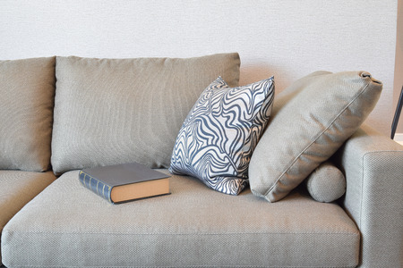 comfortable velvet sofa with grey striped pillows in modern living room - 42943578