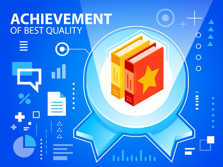 ベクトル明るいイラスト紋章とバナー Web サイト デザイン 広告 印刷 ポスターの青い背景の本 Eps 10 のイラスト素材 ベクタ Image