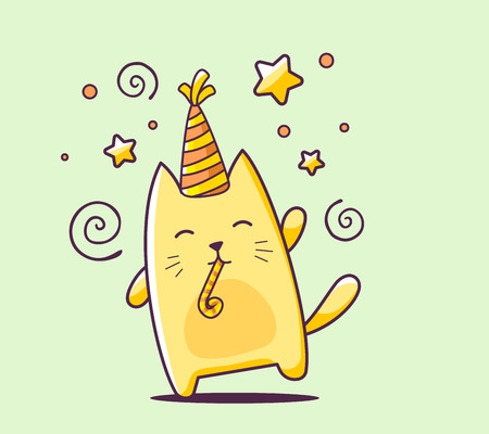 illustration of color happy character cat with hat and blowout on green background. Hand draw line art design for web, site, advertising, banner, poster, board, print and card.