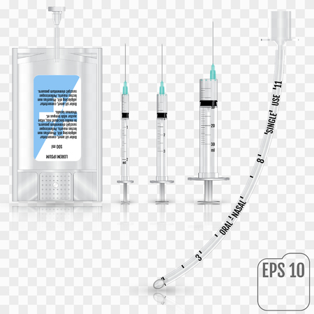 現実的な輸液 注射器 および透明な背景にカフなし気管チューブ 輸液システムとカフなし気管チューブのイラスト素材 ベクタ Image