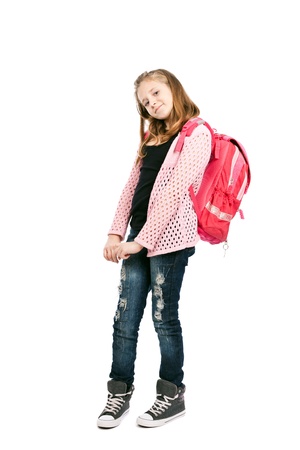 白い背景で隔離のカバンでかわいい女子高生の完全な長さの肖像画 の写真素材 画像素材 Image