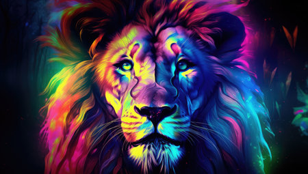 壁にカラフルなライオンの絵。デザインのクリエイティブな背景の写真