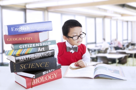 Smart boy with glasses study different literature in the library