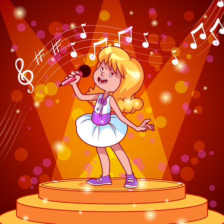 Cartoon girl singing with a microphone. vector clip art illustration