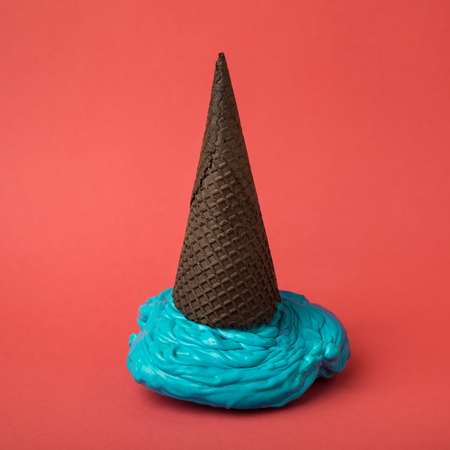 Overhead Blue Ice Cream On Pastel Pink Background Minimalistic