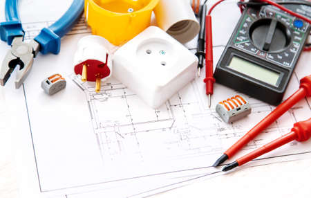 Electrical repair tools in the house. Selective focus. plan