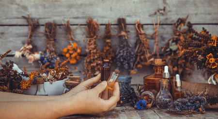 Medicinal herbs and tinctures homeopathy. selective focus. nature.