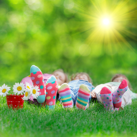 Friends lying on green grass - 73219331